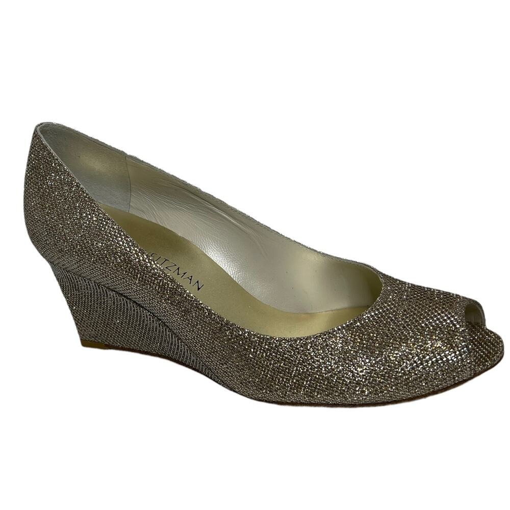 Stuart Weitzman Wedge Womens 8.5 Gold Glitter Peep Toe Pump Formal Dress Shoes - Picture 3 of 10